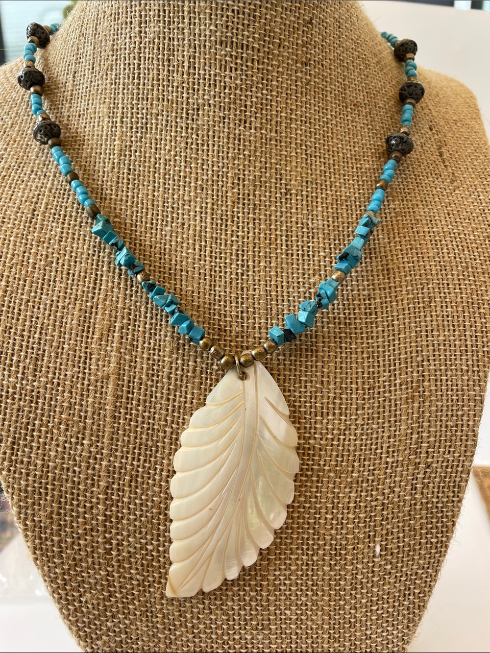 Hand-Carved Mother of Pearl Leaf Pendant Necklace with Turquoise Beads